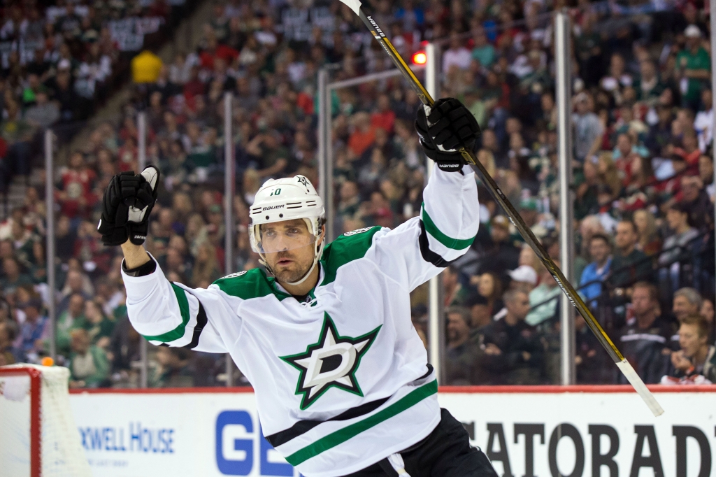 Apr 18 2016 Saint Paul MN USA Dallas Stars left wing Patrick Sharp celebrates scoring a goal in game three of the first round of the 2016 Stanley Cup Playoffs against the Minnesota Wild at Xcel Energy Center. Mandatory Credit Brad Rempel-USA TODAY S