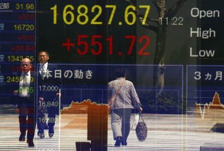 People are reflected in a screen displaying the Nikkei average outside a brokerage in Tokyo