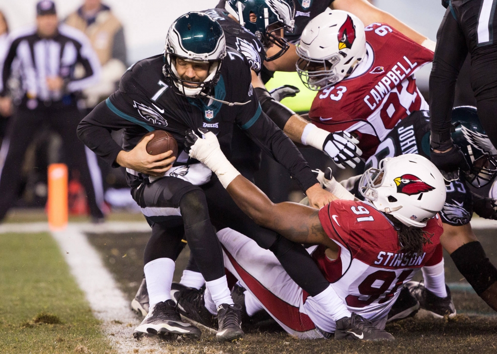 Philadelphia Eagles quarterback Sam Bradford gets sacked.		Bill Streicher-USA TODAY Sports