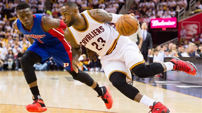 LeBron James #23 of the Cleveland Cavaliers drives Reggie Jackson #1 of the Detroit Pistons during the second quarter of the NBA Eastern Conference Quarterfinals at Quicken Loans Arena