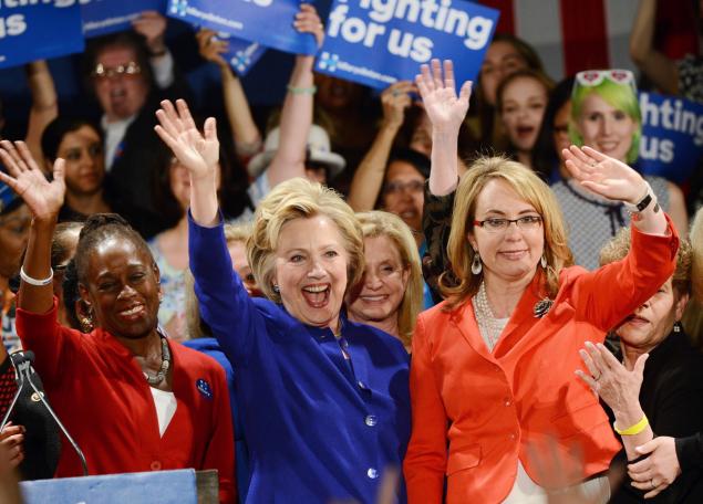 Democratic presidential candidate Hillary Clinton is joined by NYC First Lady Chirlane Mc Cray and former Democratic Rep. Gabby Giffords at the New York Hilton Midtown for a rally