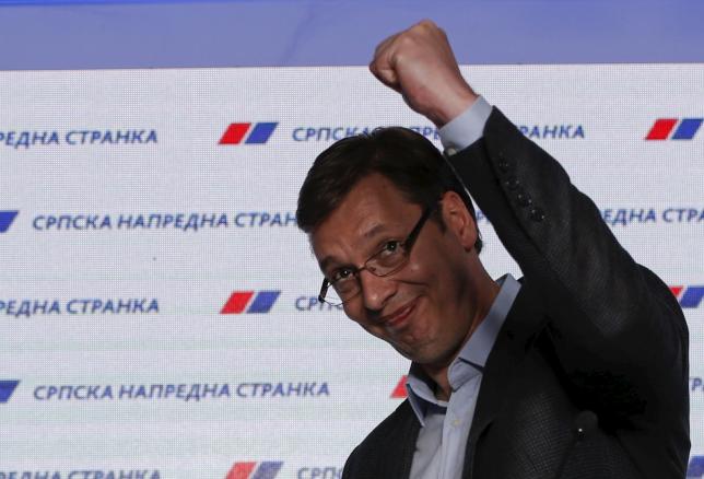 Serbian Prime Minister and leader of the Serbian Progressive Party Aleksandar Vucic reacts after elections in Belgrade Serbia