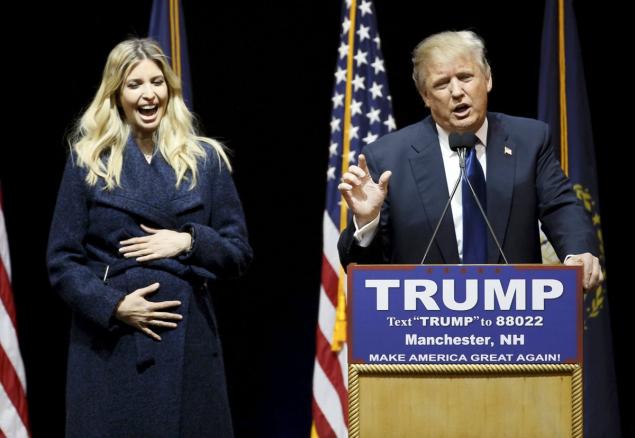 Donald Trump is accompanied by his pregnant daughter Ivanka as he addresses supporters in Manchester N.H. on Feb. 8 2016