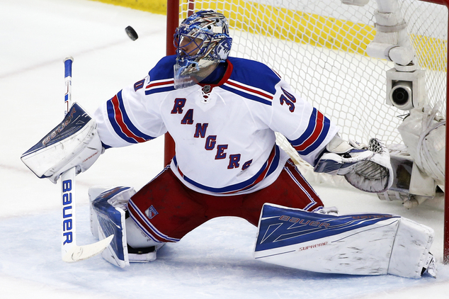 New York Rangers goalie Henrik Lundqvist stops a shot during the first period of Game 2 in the first round of the NHL Stanley Cup playoffs against the P