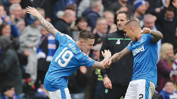 Barry Mc Kay celebrates with team-mate James Tavernier after scoring the second goal for Rangers at Hampden Park