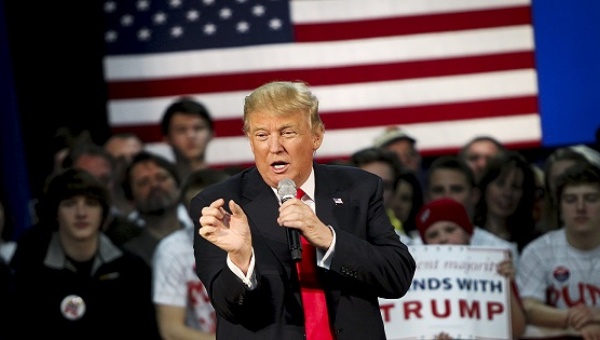 Republican U.S. presidential candidate Donald Trump speaks during a town hall in Janesville Wisconsin on March 29