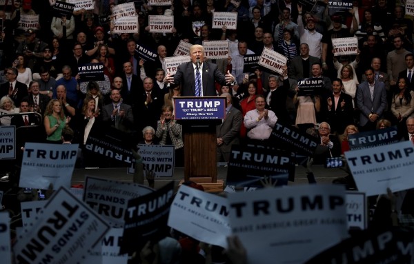 Republican US presidential candidate Donald Trump speaks to supporters at a campaign rally in Albany New York