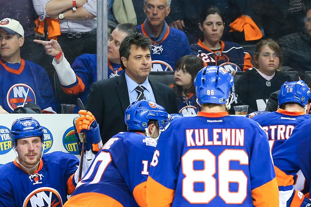 20 APR 2016 New York Islanders head coach Jack Capuano during Game 4 of the 2016 NHL Playoffs between the New York Islanders and the Florida Panthers played at the Braclays Center in Brooklyn,NY