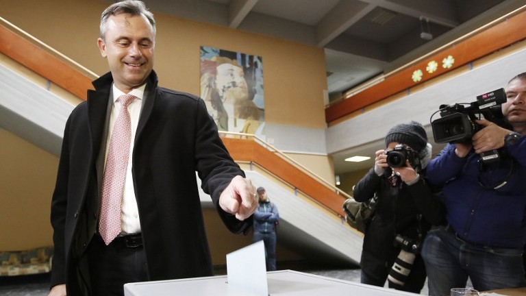 The candidate of the far-right Freedom Party Norbert Hofer casts his ballot in the first round of the Austrian presidential elections in Pinkafeld