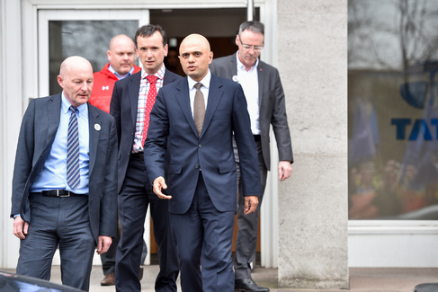 Sajid Javid leaves a meeting with workers at the Tata steel works