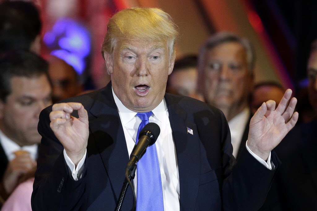 Republican presidential candidate Donald Trump speaks during a primary night news conference on Tuesday