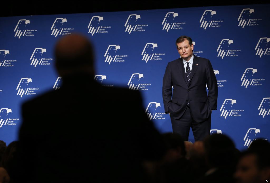 Republican presidential candidate Sen. Ted Cruz of Texas takes a question from the audience at the Republican Jewish Coalition spring leadership meeting in Las Vegas