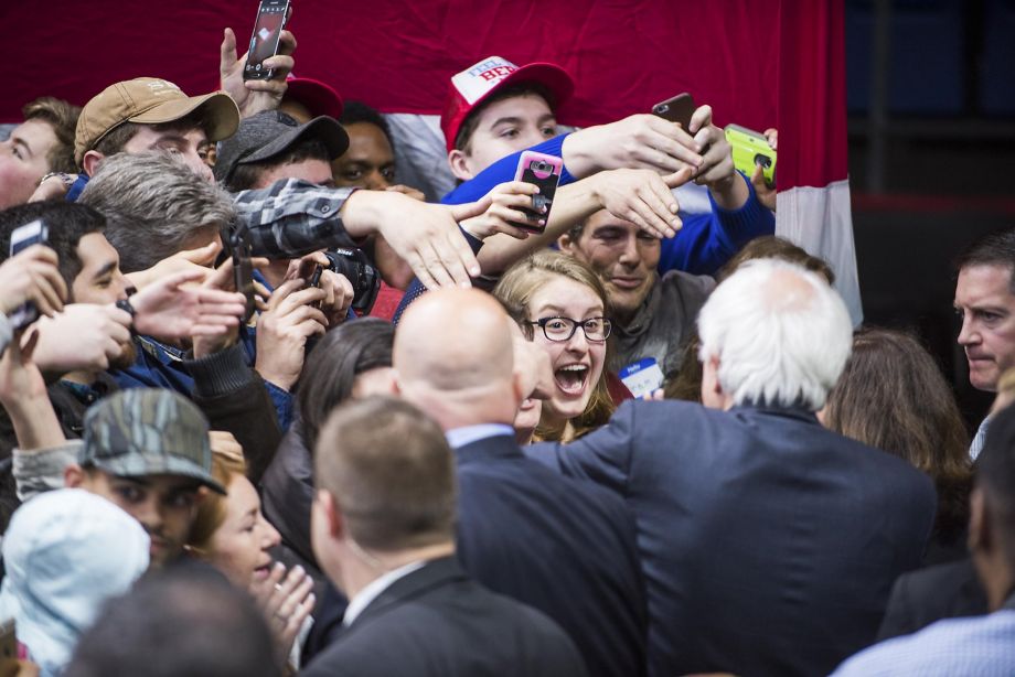 Democratic presidential candidate Bernie Sanders greets supporters in Binghamton N.Y. He knocked Clinton’s record on fracking the drilling method reviled by environmentalists