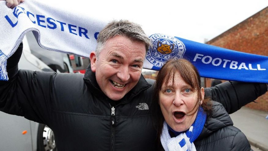 19 2016 English Premier League side Leicester City fans Phil and Steph Jastrzebski arrive for the English Premier League soccer match between Crystal Palace and Leicester City at Selhurst Park stadium in London. Leice