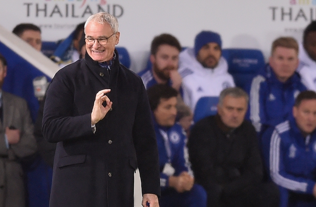 LEICESTER ENGLAND- DECEMBER 14 Claudio Ranieri the manager of Leicester City reacts as Chelsea manager Jose Mourinho looks on during the Barclays Premier League match between Leicester City and Chelsea at the King Power Stadium on December14 2015 in L