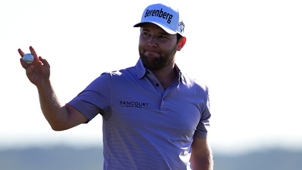 Branden Grace reacts after making a putt on the 18th hole during the final round of the 2016 RBC Heritage at Harbour Town Golf Links on Sunday in Hilton Head Island S.C