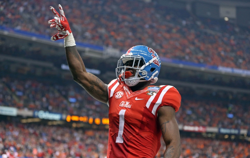 Jan 1 2016 New Orleans LA USA Mississippi Rebels wide receiver Laquon Treadwell celebrates his ten-yard touchdown catch against the Oklahoma State Cowboys in the second quarter of the 2016 Sugar Bowl at the Mercedes Benz Superdome. Mandatory Cred