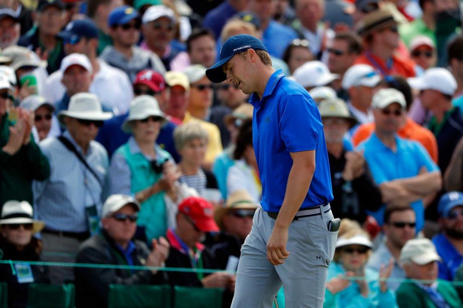 AUGUSTA GEORGIA- APRIL 08 Jordan Spieth of the United States reacts after putting for bogie on the ninth green during the second round of the 2016 Masters Tournament at Augusta National Golf Club