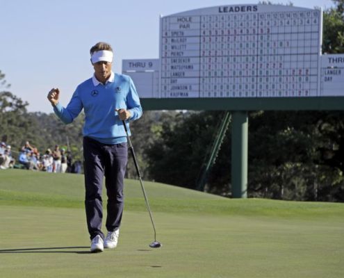 Bernhard Langer of Germany punches the air after