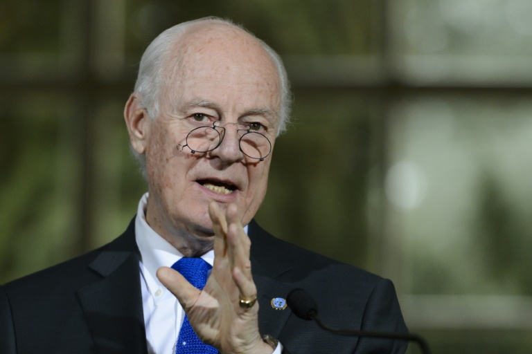 AFP  Fabrice CoffriniUN Syria envoy Staffan de Mistura gestures during a press briefing at the United Nations office