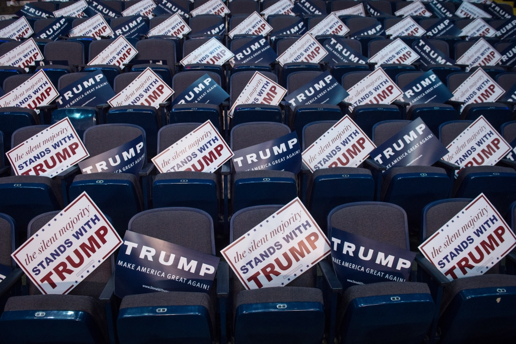 ALBANY NY- APRIL 11 Signs are seen in empty seats before republican presidential candidate Donald Trump speaks during a campaign event at the Times Union Center in Albany NY on Monday