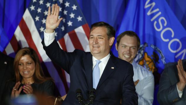 Republican presidential candidate Sen. Ted Cruz of Texas at a Milwaukee victory rally Tuesday night celebrating his win in the Wisconsin primary