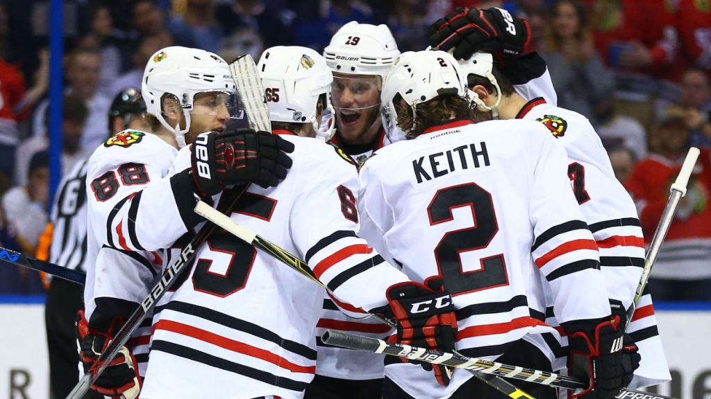 The Blackhawks celebrate a goal