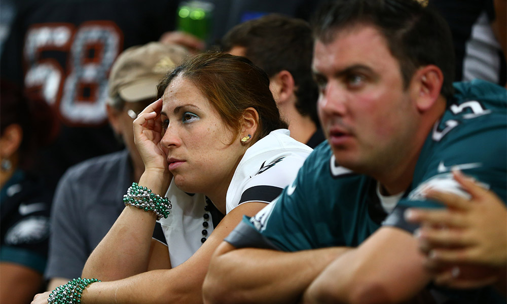 Oct 26 2014 Glendale AZ USA A Philadelphia Eagles fan reacts in the grandstands during the fourth quarter against the Arizona Cardinals at University of Phoenix Stadium. The Cardinals defeated the Eagles 24-20. Mandatory Credit Mark J. Rebilas-USA T