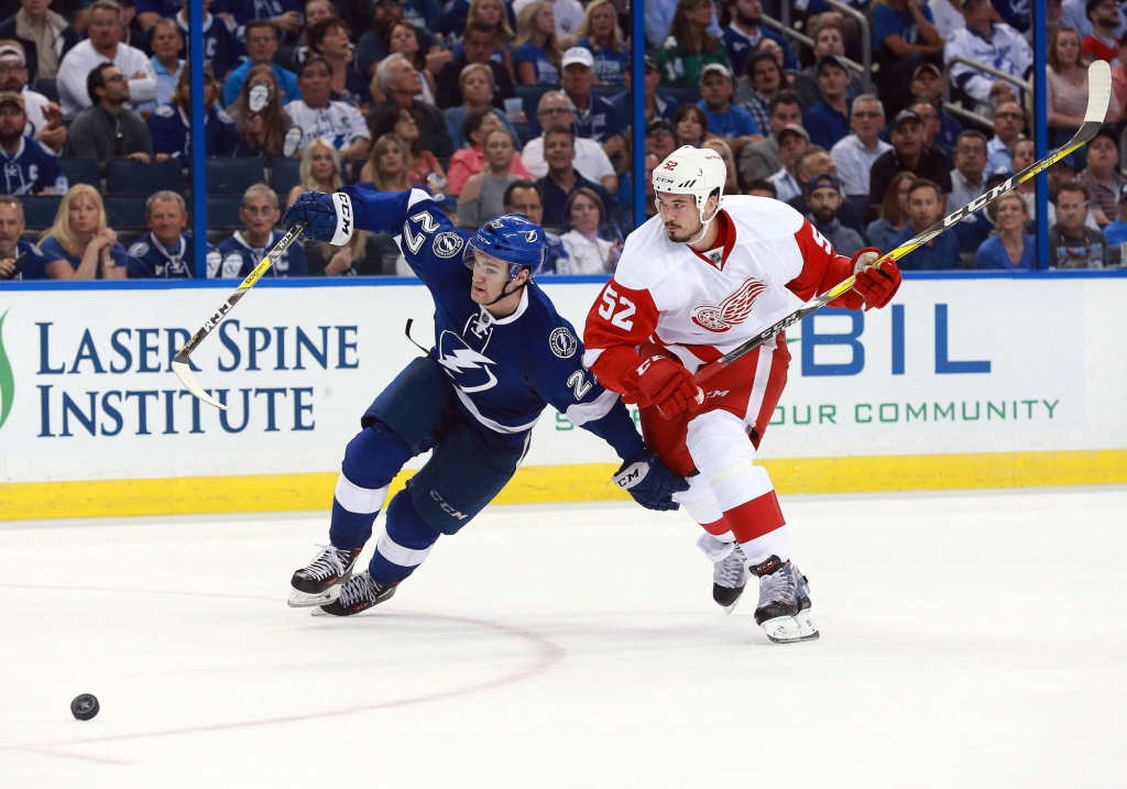 The speedy Drouin races Detroit's Jonathan Ericsson to the puck.		Kim Klement-USA TODAY Sports