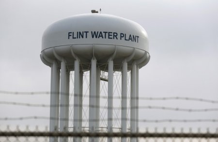 The top of the Flint Water Plant tower is seen in Flint Michigan