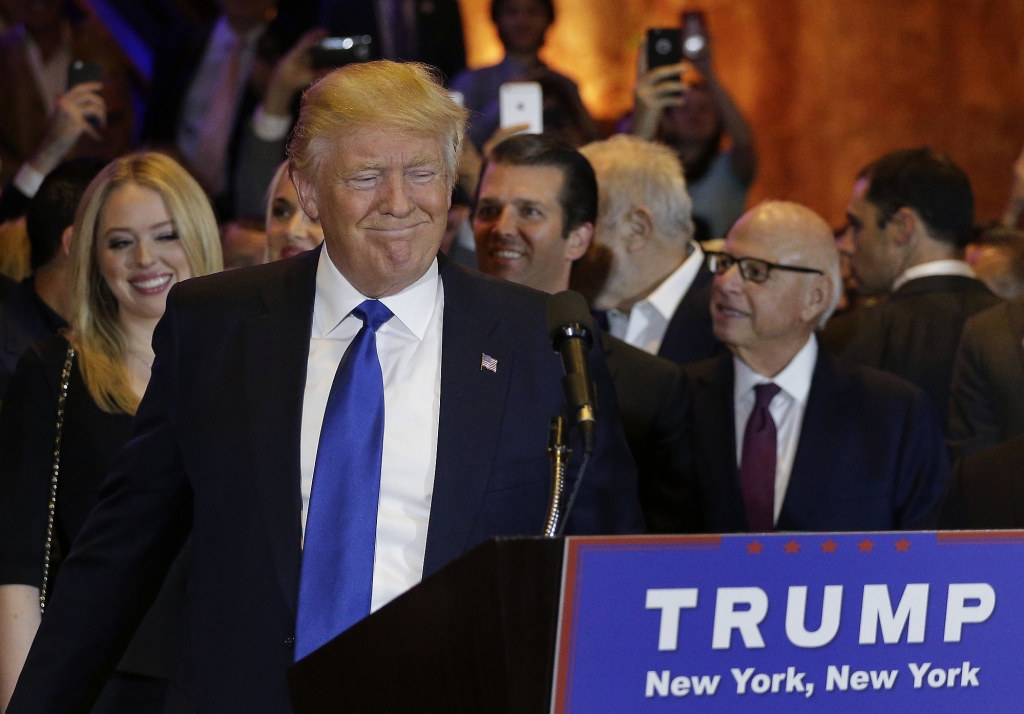 Republican presidential candidate Donald Trump prepares to speak during a New York primary night campaign event Tuesday