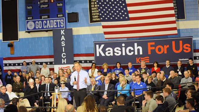 Republican presidential candidate Ohio Gov. John Kasich speaks during a campaign event at the La Salle Institute on Monday