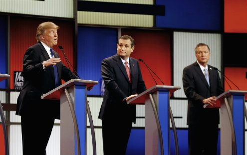 Republican presidential candidates businessman Donald Trump Sen. Ted Cruz R-Texas and Ohio Gov. John Kasich appear during a Republican presidential primary debate at the Fox Theatre in Detroit on March 3