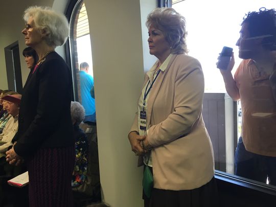 Trump Supporters try to listen in to the TN Republican Party meeting from outside