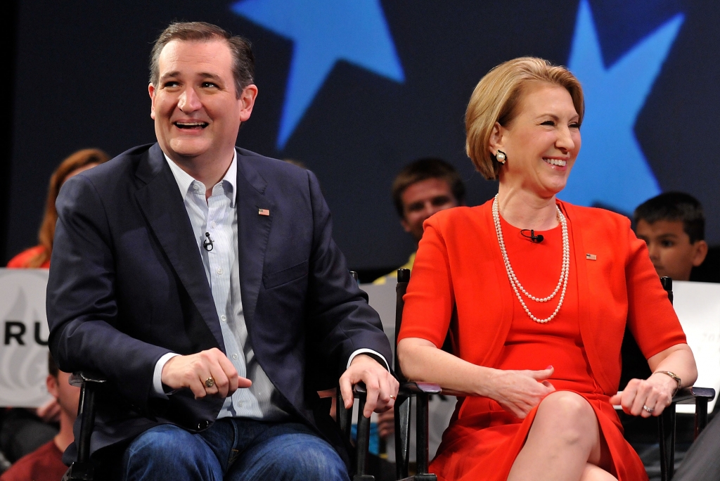 ORLANDO FL- MARCH 11 Republican presidential candidate Sen. Ted Cruz  and former candidate Carly Fiorina in a discussion with political commentator Sean Hannity during a campaign rally at Faith Assembly of God Church