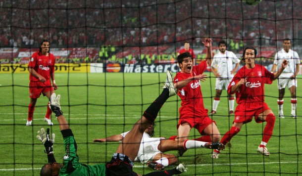 ISTANBUL TURKEY- MAY 25 Liverpool midfielder Xabi Alonso of Spain scores the third goal during the European Champions League final between Liverpool and AC Milan