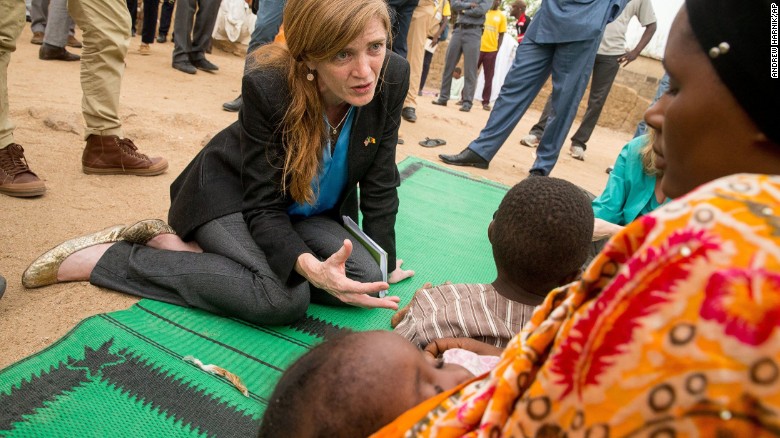 U.S. diplomat Samantha Power meets a family who fled Boko Haram