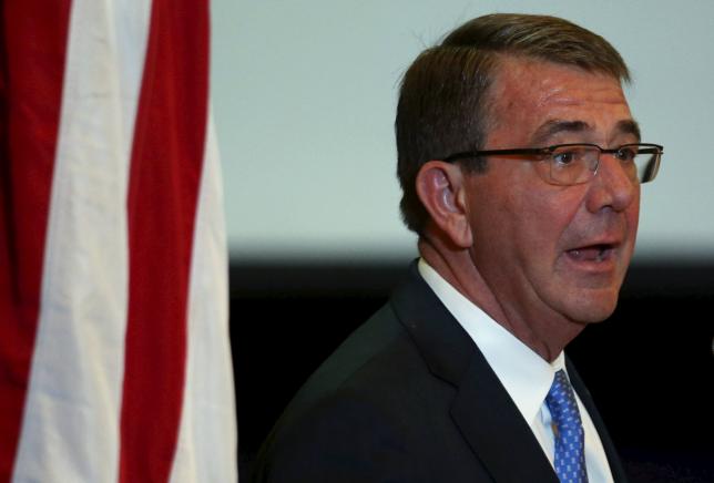 U.S. Defence Secretary Ash Carter speaks at the closing ceremony of a U.S.-Philippine military exercise dubbed'Balikatan  in Quezon City Metro Manila