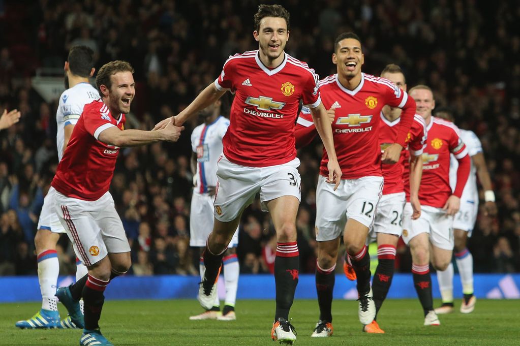 Matteo Darmian of Manchester United celebrates scoring their second goal during the Barclays Premier League match between Manchester United and Crystal Palace at Old Trafford