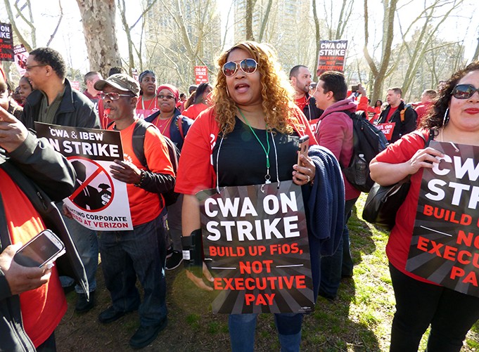 Hundreds of striking Verizon workers chanted “No contract no FIOS!” at a rally in Cadman Plaza Park on Thursday one of many protests staged across the city since 36,000 Communications Workers of America union members went on strike on Wednesday. Ph