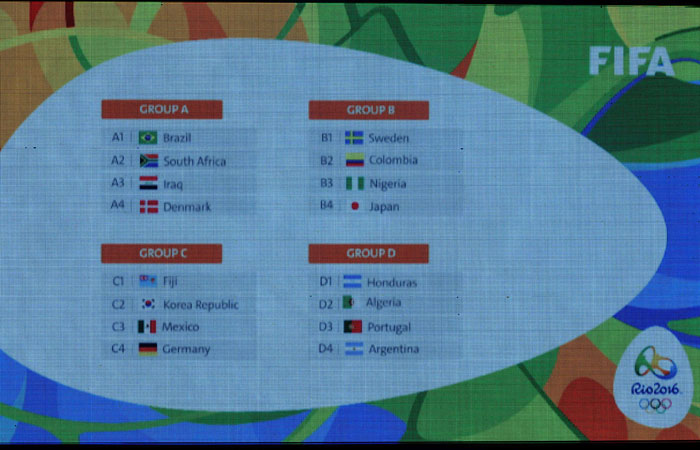 View of the screen showing draw results for Rio 2016 Olympic Men's football tournament at Maracana stadium in Rio de Janeiro Brazil Thursday. — AFP