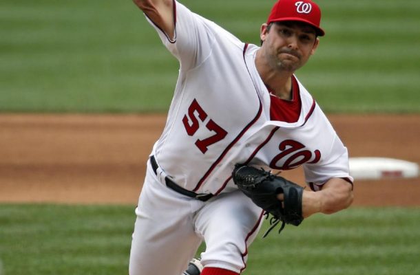 Washington Nationals starting pitcher Tanner Roark throws during the fifth inning of an interleague baseball game against the Minnesota Twins at Nationals Park Saturday