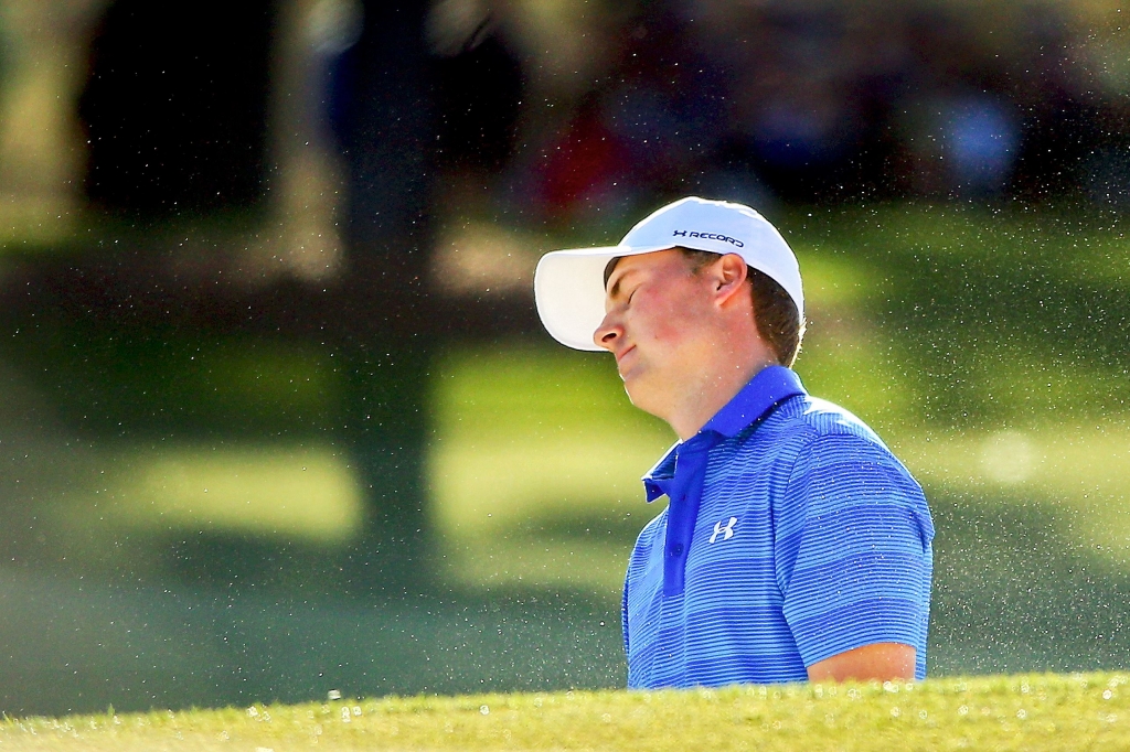 The Masters- Final Round-1 Jordan Spieth reacts to a poor shot on the 17th hole in the final round Sunday of the Masters at Augusta National Golf Club in Augusta Ga