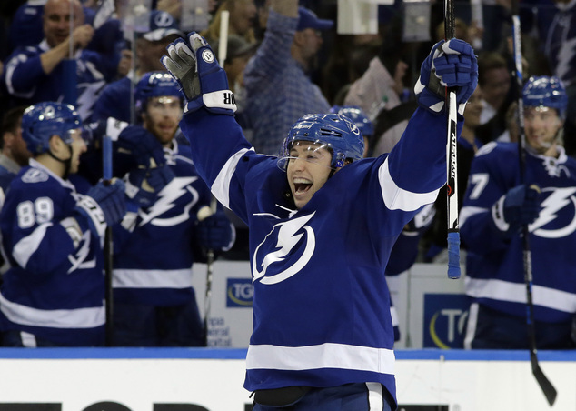 Tampa Bay Lightning center Tyler Johnson celebrates a goal by Alex Killorn during the third period of Game 2 in a first-round NHL hockey Stanley Cup playoff