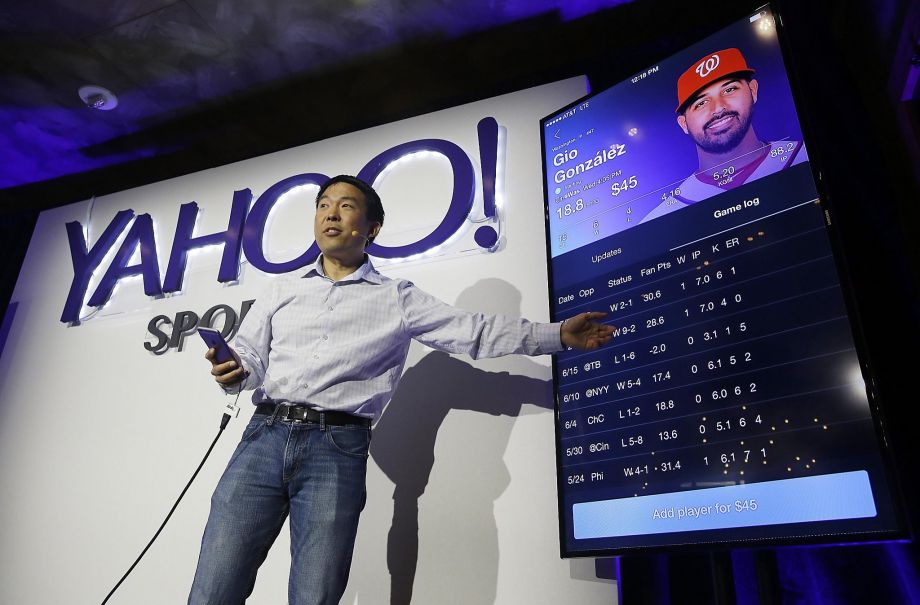 Kelly Hirano vice president of engineering demonstrates the Yahoo Sports Daily Fantasy contest when it was introduced last year