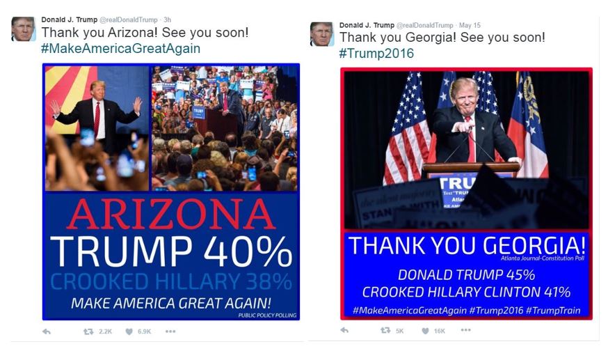 A pair of within-the-margin-of-error leads in historically Republican states are cause for celebration on Twitter for Donald Trump