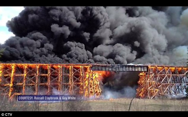 A railroad trestle near Mayerthorpe was destroyed in a fire Tuesday. Volunteer firefighter Lawson Schalm 19 is accused of setting the blaze