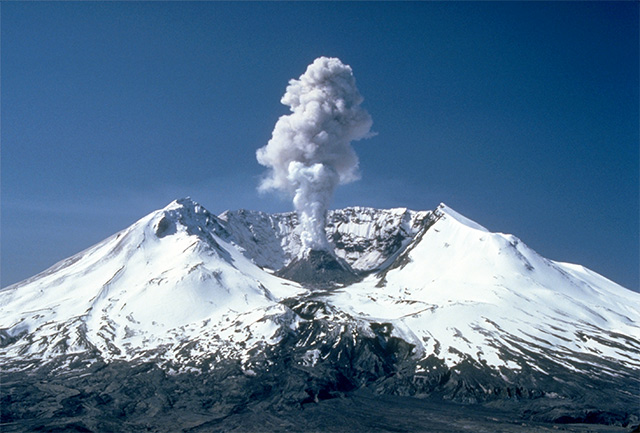 A steam plume coming from Mount St. Helens in 1982 two years after its last major eruption