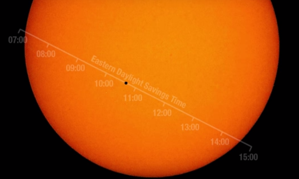 A still from NASA's video depicting how Mercury will pass across the sun on Monday