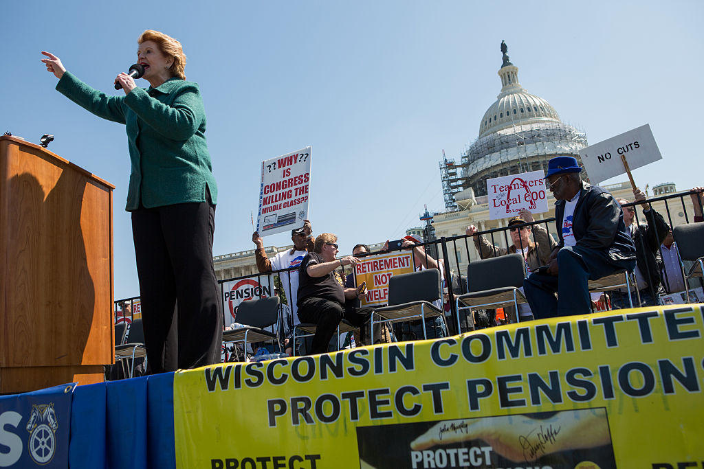 In April Sen. Debbie Stabenow spoke to a crowd gathered at the U.S. Capitol building for a rally with Teamsters Union retirees who are voicing their opposition to deep cuts to their pension benefits